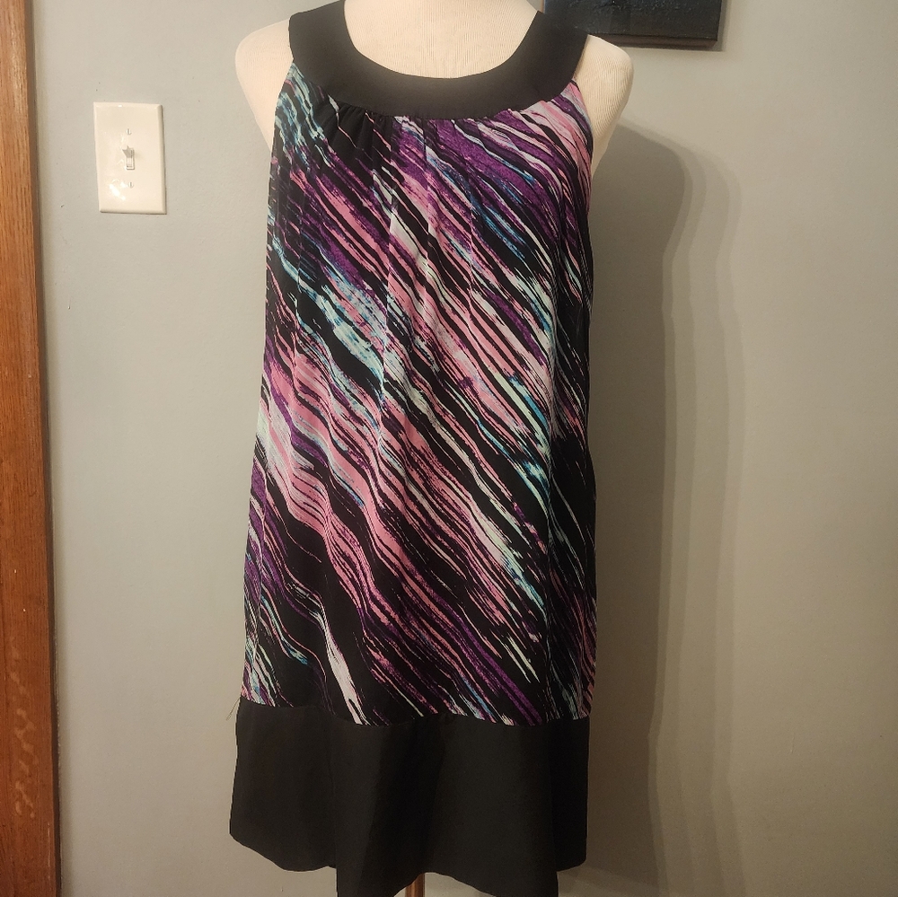 EXPRESS Womens Sz. Small Black Purple Sleeveless Silk Scoop Neck Shift Dress NWT